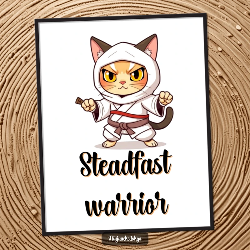 Funny ninja cat in a traditional kimono striking a strong defensive pose, conveying determination on this digital art print.
