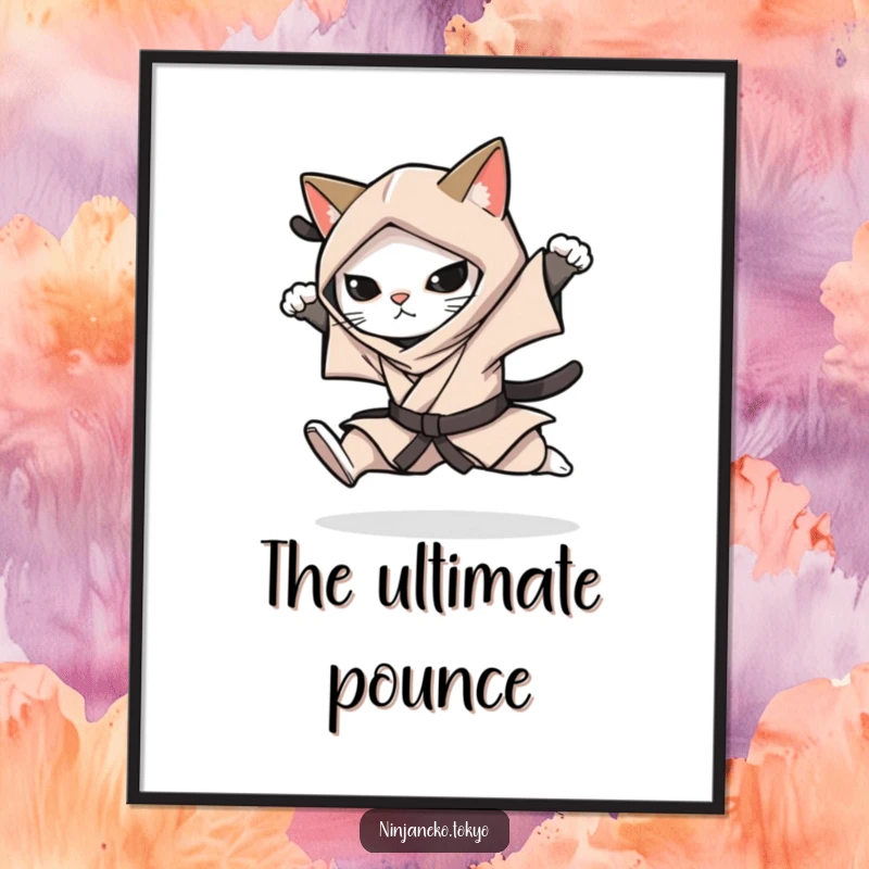 Funny digital art print of a ninja cat in a stealthy kimono performing a silent leap, ready to inspire.