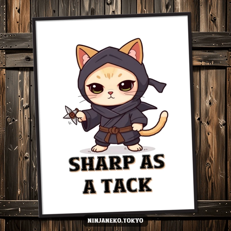 Funny focused ninja cat in a dark kimono, balancing a tiny shuriken on its paw, presented as downloadable digital art.