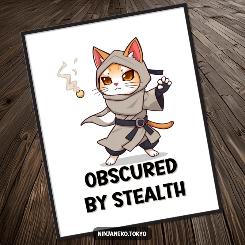 Funny ninja cat in a flowing kimono preparing to throw a smoking pellet, creating a mysterious vibe on this digital art print.