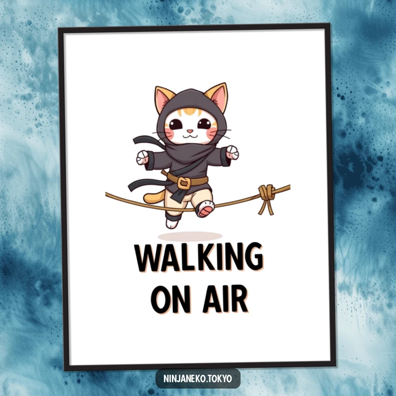 Funny digital art print of a ninja cat performing a daring tightrope walk, ready to add excitement and humor to any room.