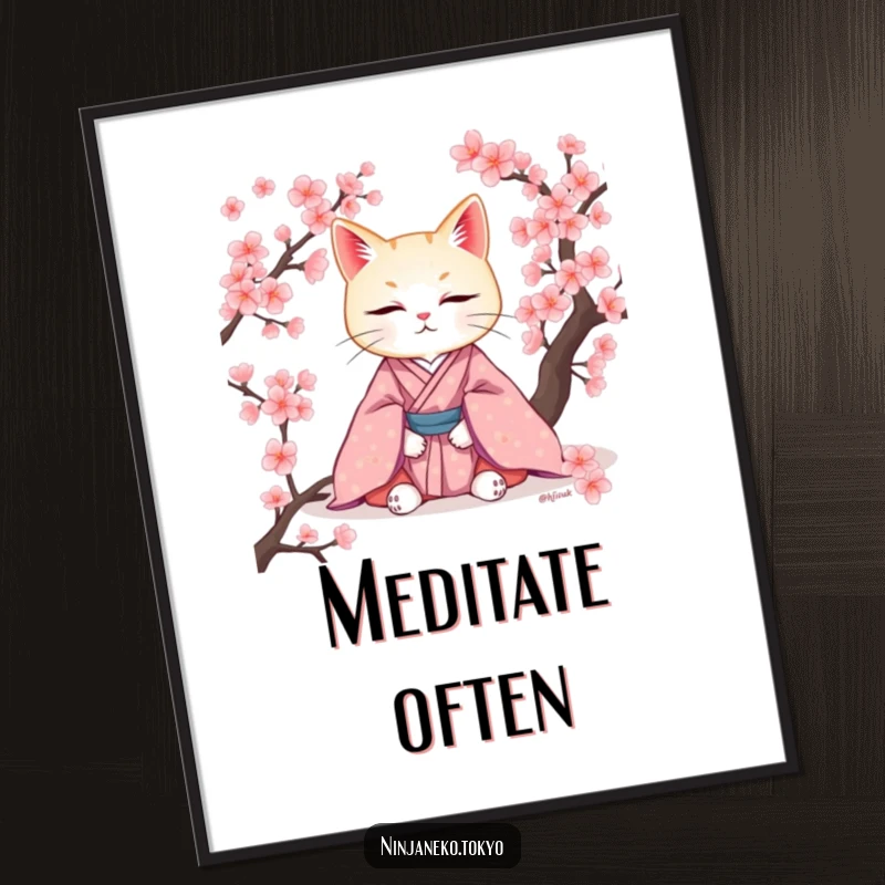 Funny digital art print of a serene cat in a kimono meditating among cherry blossoms, ready to bring peace and humor to any room.