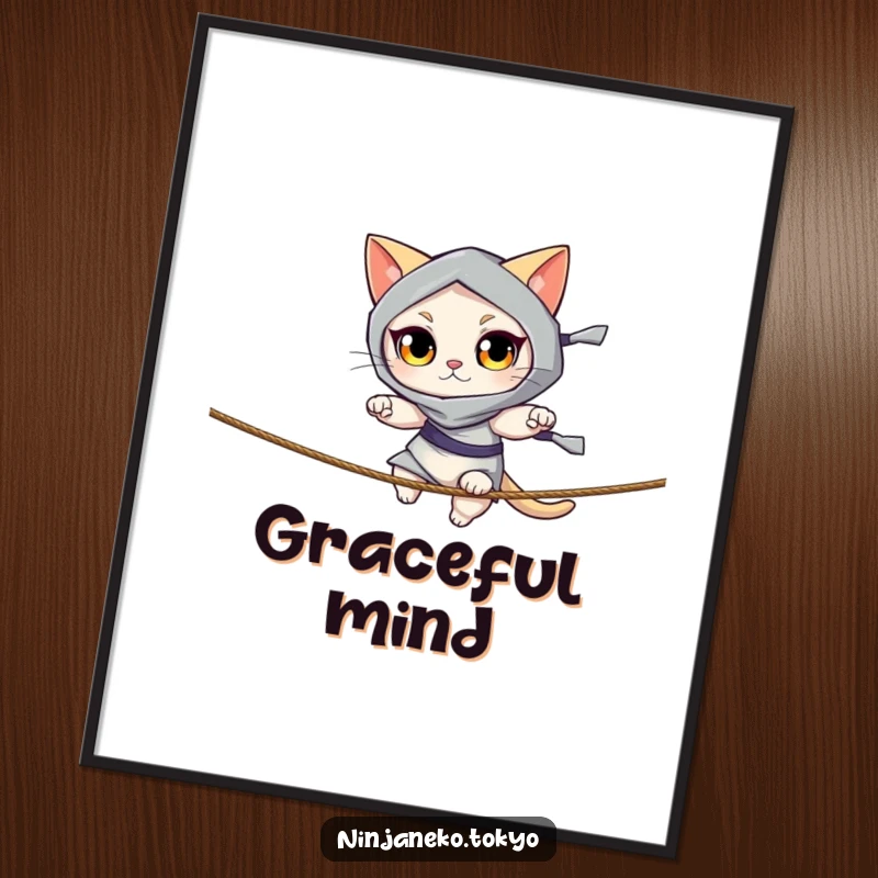 Funny digital art print of a ninja cat with bright eyes balancing on a thin rope, showcasing agility and humor. Perfect art gift.