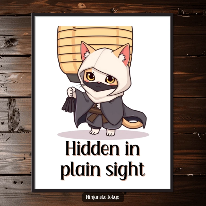 Funny ninja cat in a flowing kimono, stealthily peeking from behind a large paper lantern, presented as downloadable digital art.
