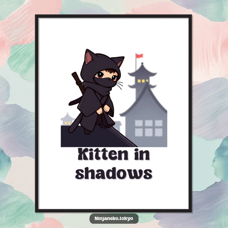 Funny ninja cat in a dark kimono observing from a rooftop silhouette, as a digital art print, offering instant stealth decor.
