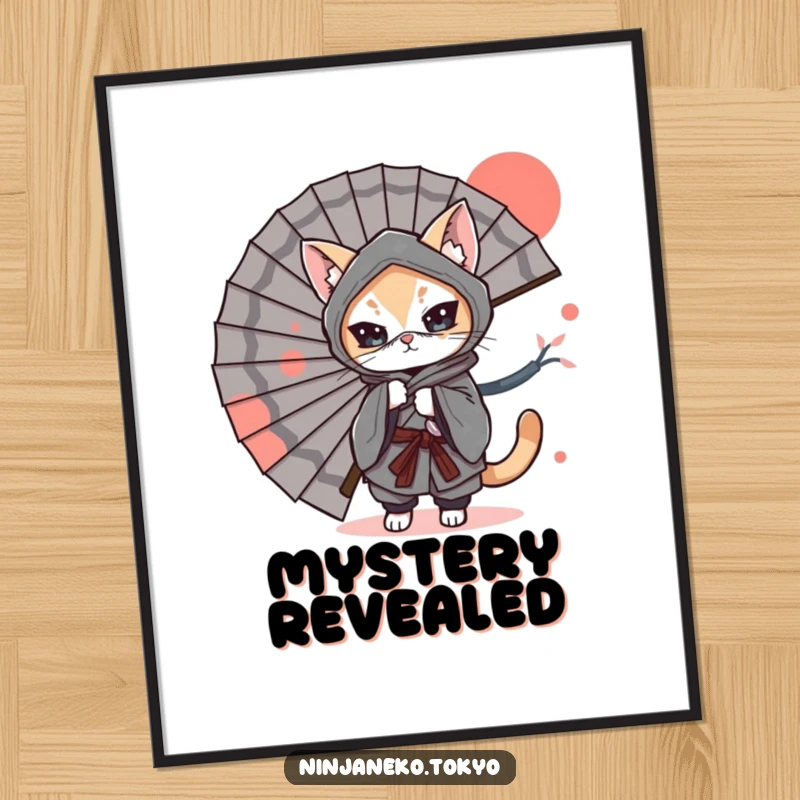 Funny Digital Art: A ninja cat in a kimono playfully hides behind a large Japanese fan, capturing a moment of stealthy humor.