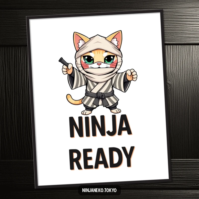 Funny Ninja Cat Digital Art Print: A determined cat in a striped kimono strikes a playful ninja pose, capturing bold and animated humor.