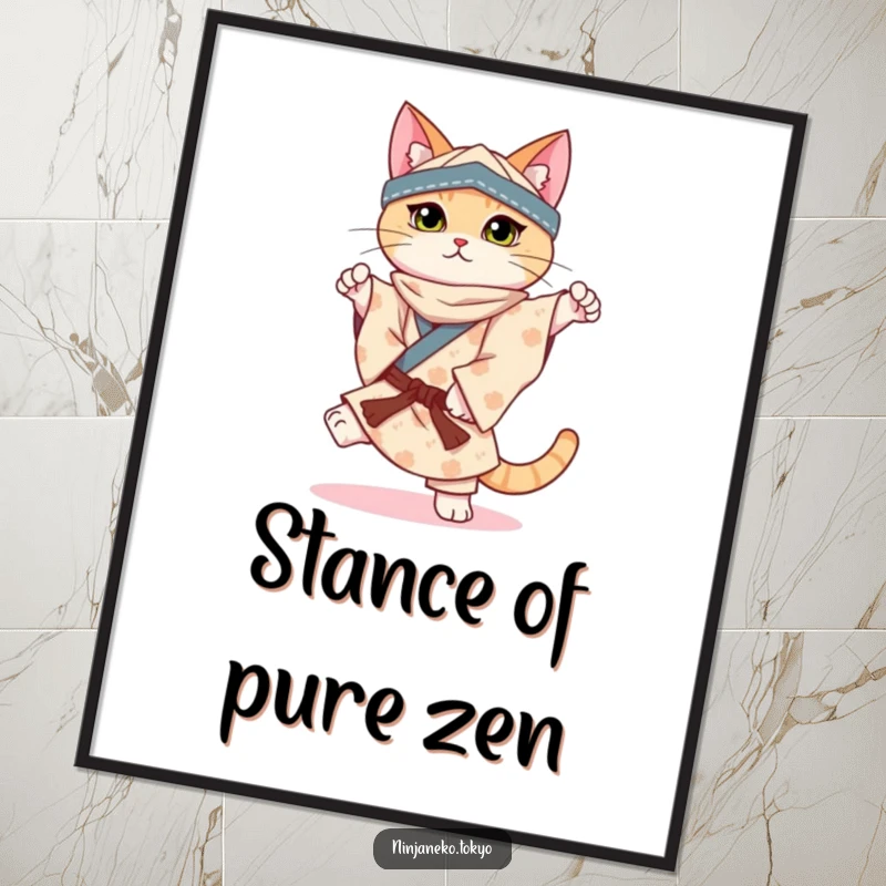 Funny digital art print of a ninja cat in a patterned kimono perfectly balancing on one paw, ready to impress.