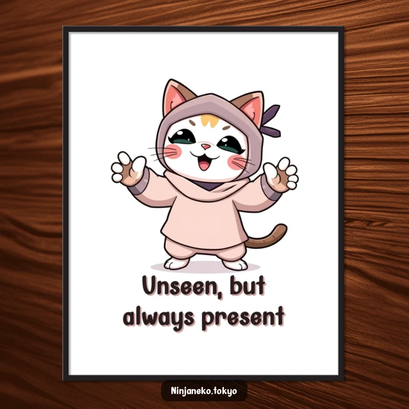 Funny digital art print of a jubilant ninja cat, paws outstretched in victory, celebrating a successful pretend mission.