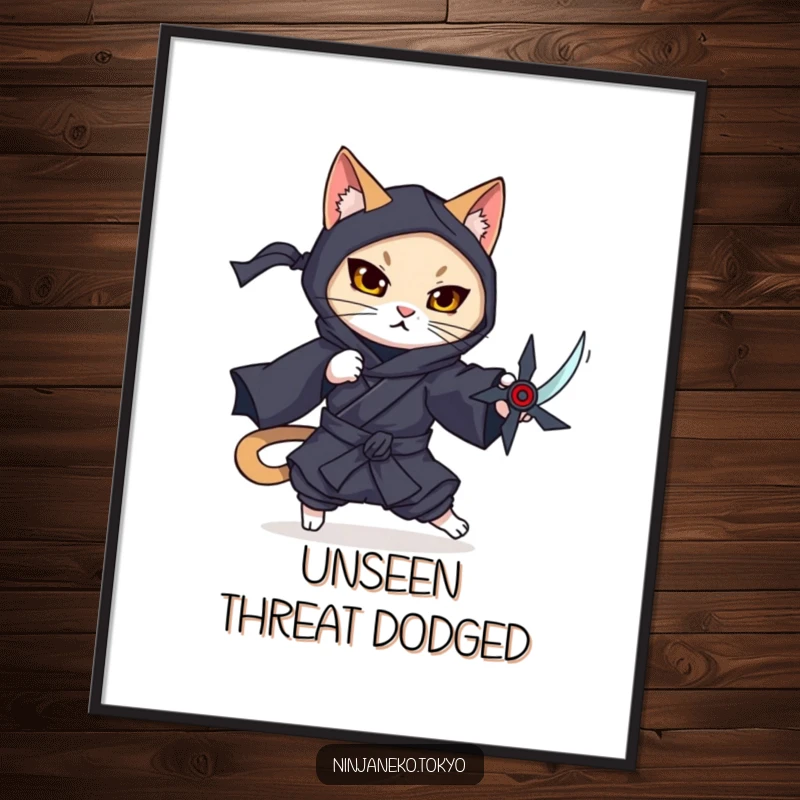 Funny digital art print of a ninja cat in a dark kimono gracefully dodging an imaginary shuriken, ready to impress.