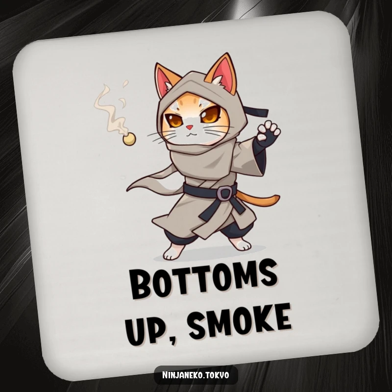 Funny ninja cat in a flowing kimono holding a smoking pellet, adding mysterious humor to this coaster set.