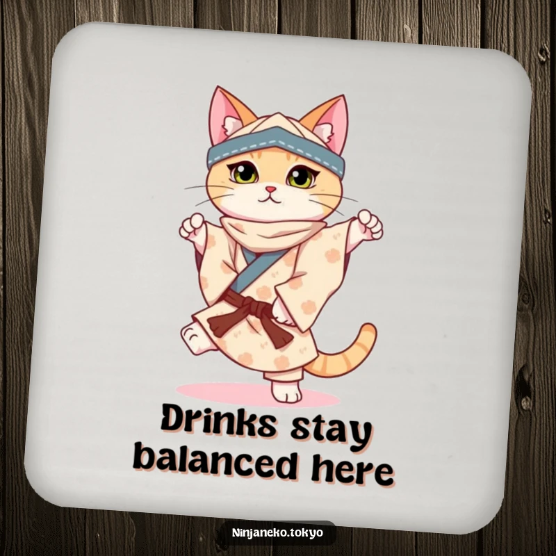 Funny drink coasters featuring a ninja cat in a patterned kimono perfectly balancing on one paw, perfect for any table.