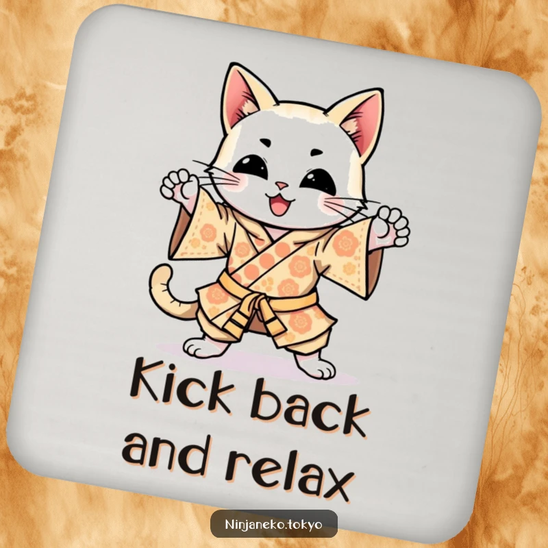 Funny happy cat wearing a kimono, practicing ninja kicks, offering energetic and humorous protection on this drink coaster.
