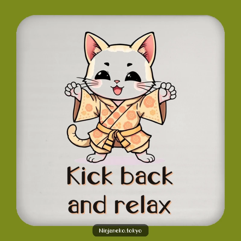 Funny Happy Cat Kimono Coaster: Protect Surfaces with Energetic Humor