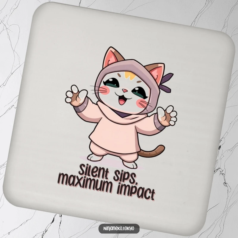 Funny coaster featuring a celebratory ninja cat with paws raised, signifying a successful mission, protecting your surfaces.