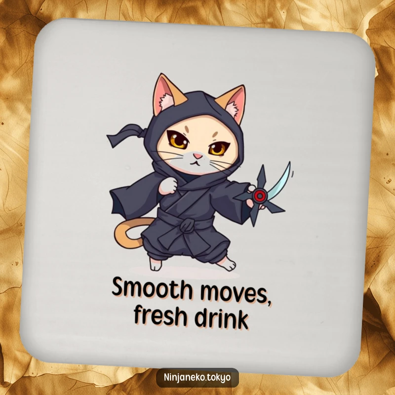 Funny drink coasters featuring a ninja cat in a dark kimono gracefully dodging imaginary threats, perfect for any table.