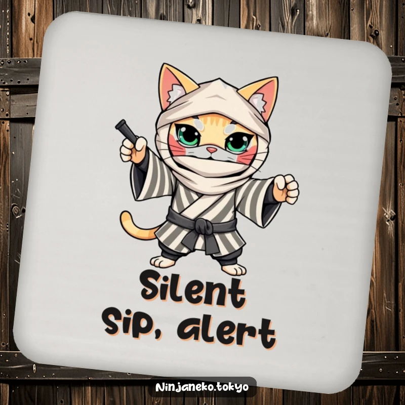 Funny Ninja Cat Coaster: A determined cat in a striped kimono strikes a ninja pose, offering humorous surface protection.