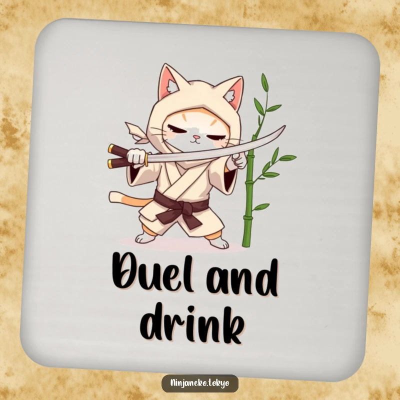 Funny coaster featuring a ninja cat in a kimono practicing sword fighting with a bamboo stalk. Offers protection with humor. Ideal funny gift.