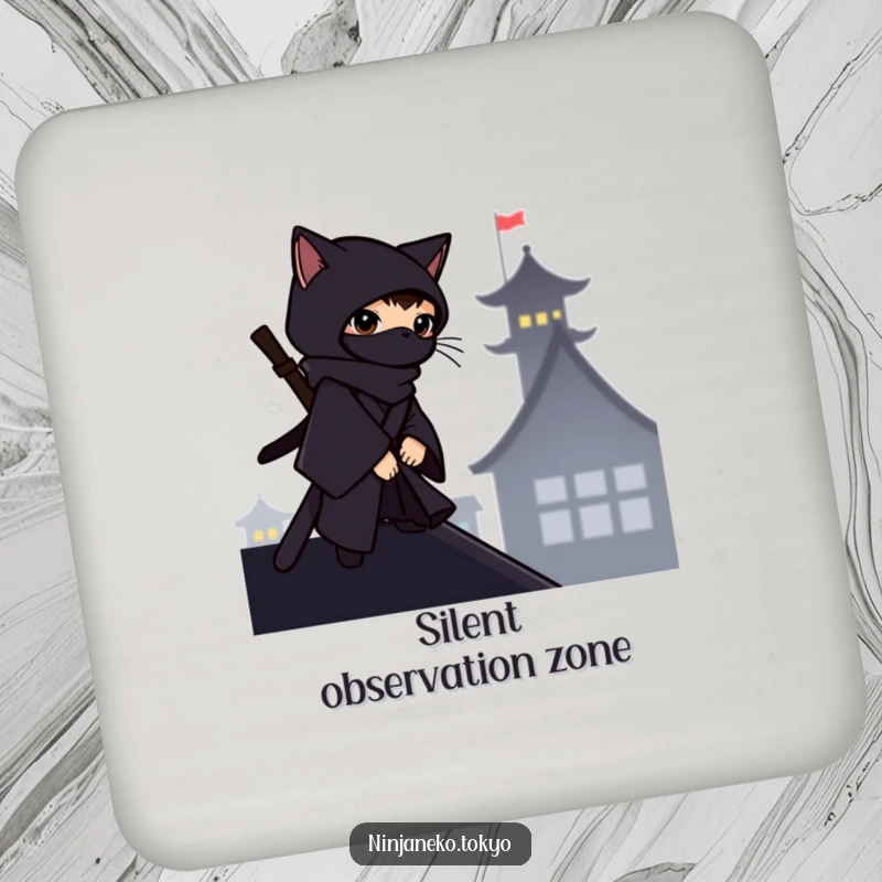 Funny ninja cat in a dark kimono on a rooftop silhouette, on a drink coaster, adding stealthy humorous protection.