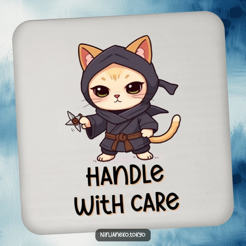 Funny ninja cat wearing a dark kimono, balancing a tiny shuriken on its paw, offering precise and humorous protection on this coaster.