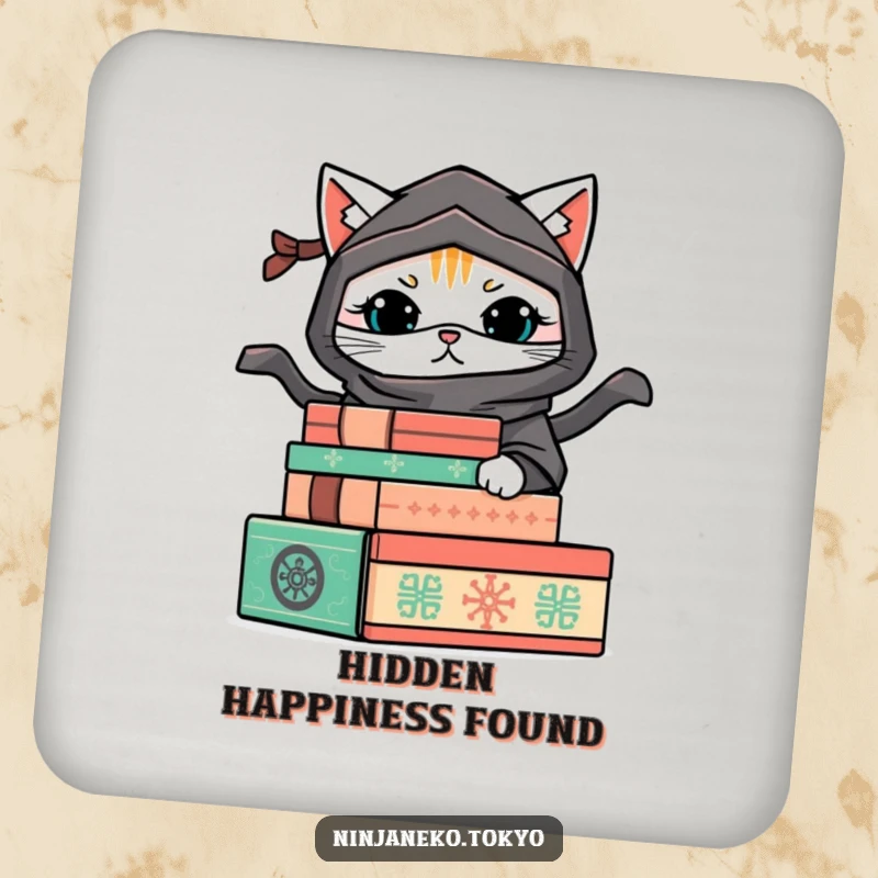 Funny drink coasters featuring a ninja cat hiding behind decorative boxes, protecting surfaces with stealth and humor. Playful decor.