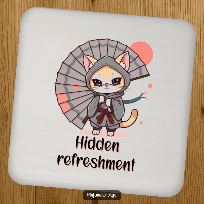 Funny Coaster: A ninja cat in a kimono playfully hides behind a large Japanese fan, adding a touch of humorous stealth.