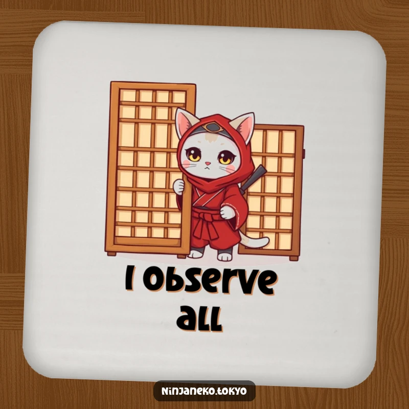 Funny Ninja Cat Drink Coaster: A ninja cat in a red kimono peeks from behind a screen, a humorous coaster for drink protection.