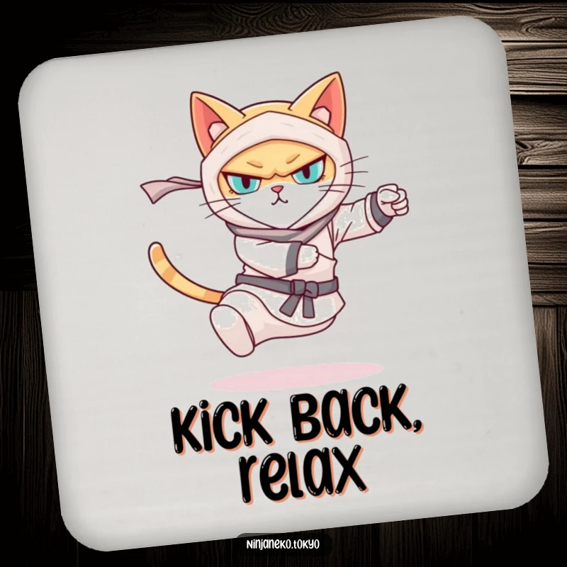 Funny coaster featuring a determined ninja cat performing a swift kick, offering surface protection with a humorous and agile design. Ideal funny gift.