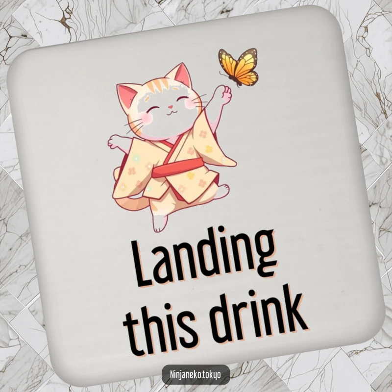 Funny Cat Coaster: A graceful cat in a traditional kimono leaps mid-air for a butterfly, offering humorous surface protection with elegance.