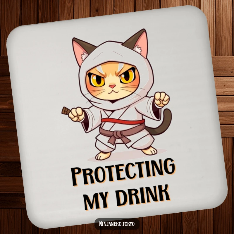 Funny ninja cat in a traditional kimono in a determined defensive stance, adding fierce humor to this coaster set.