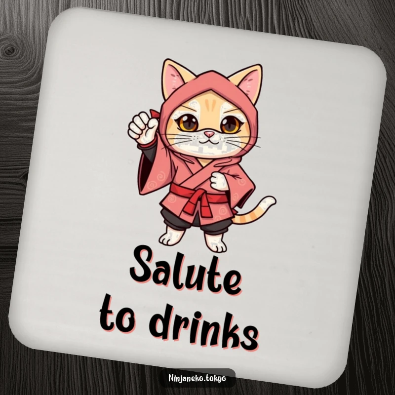 Funny ninja cat in a festive kimono striking a confident pose with one paw raised, adding festive humor to this coaster set.