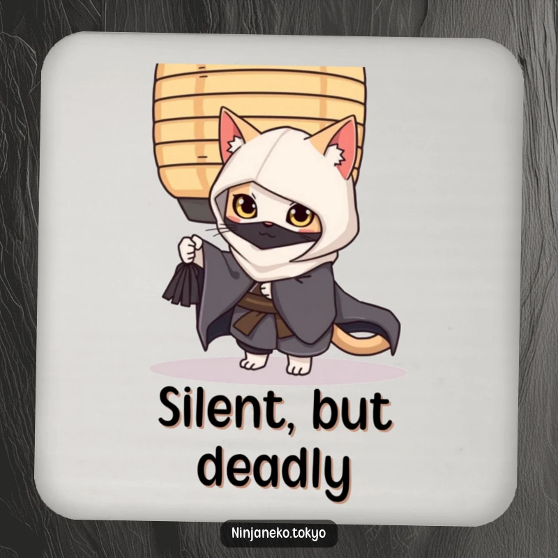 Funny ninja cat wearing a kimono, peeking from behind a paper lantern, offering stylish and humorous protection on this drink coaster.