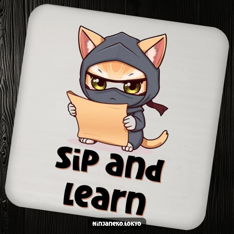 Funny drink coasters featuring a ninja cat examining a scroll, protecting surfaces with a touch of mystery and humor. Sophisticated decor.