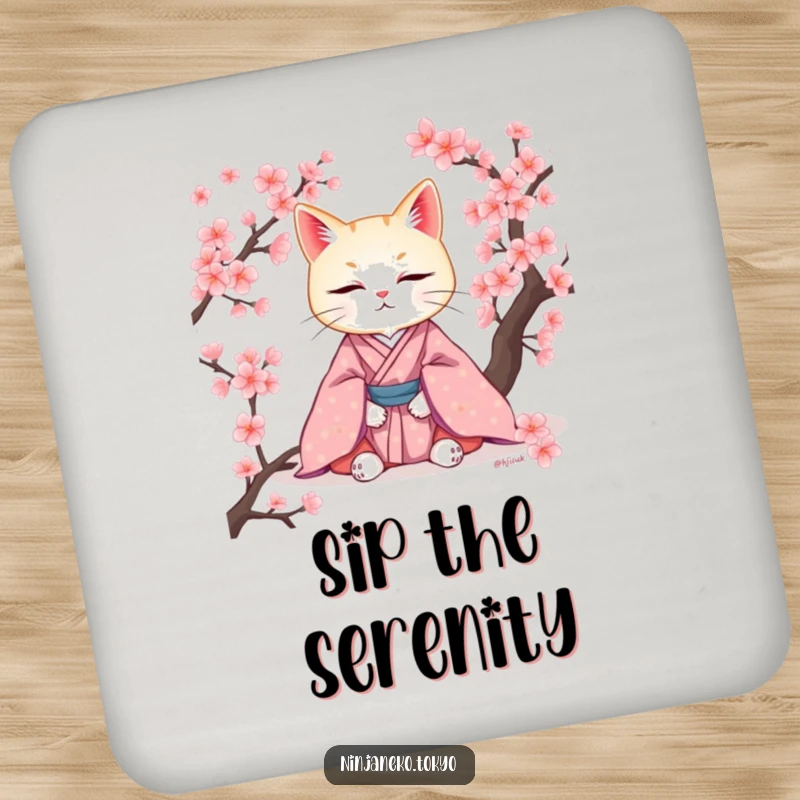Funny drink coasters featuring a meditating cat in a kimono surrounded by cherry blossoms, protecting surfaces with peace and humor. Elegant decor.