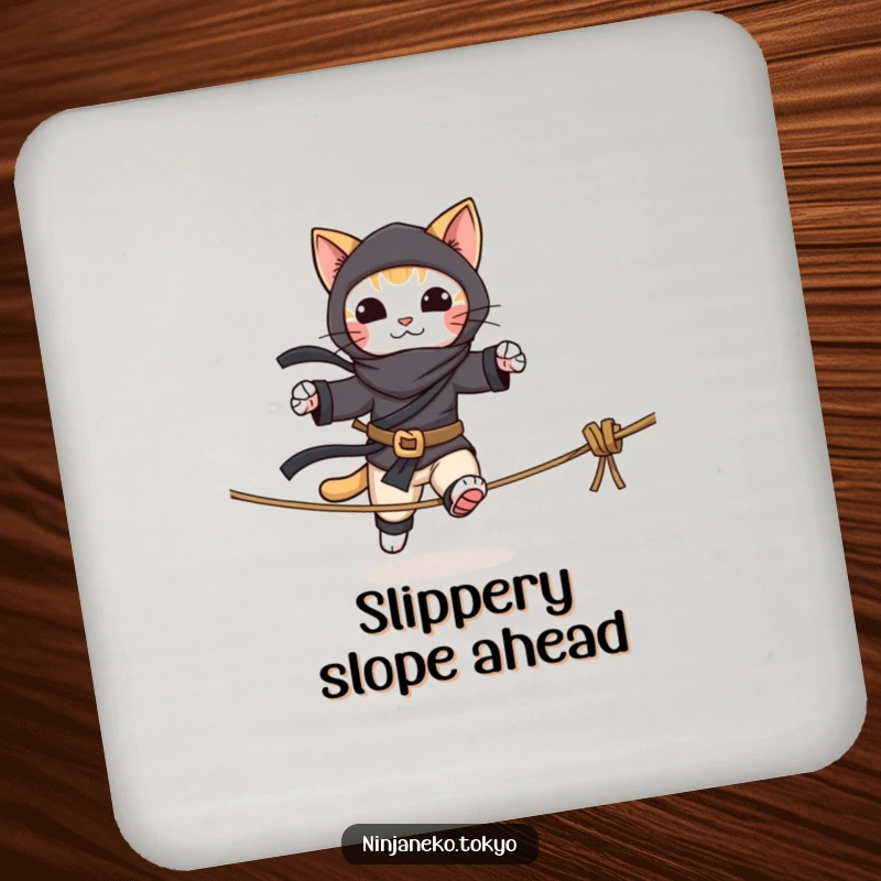 Funny drink coasters featuring a ninja cat walking a tightrope, protecting surfaces with skill and a humorous twist. Stylish decor.