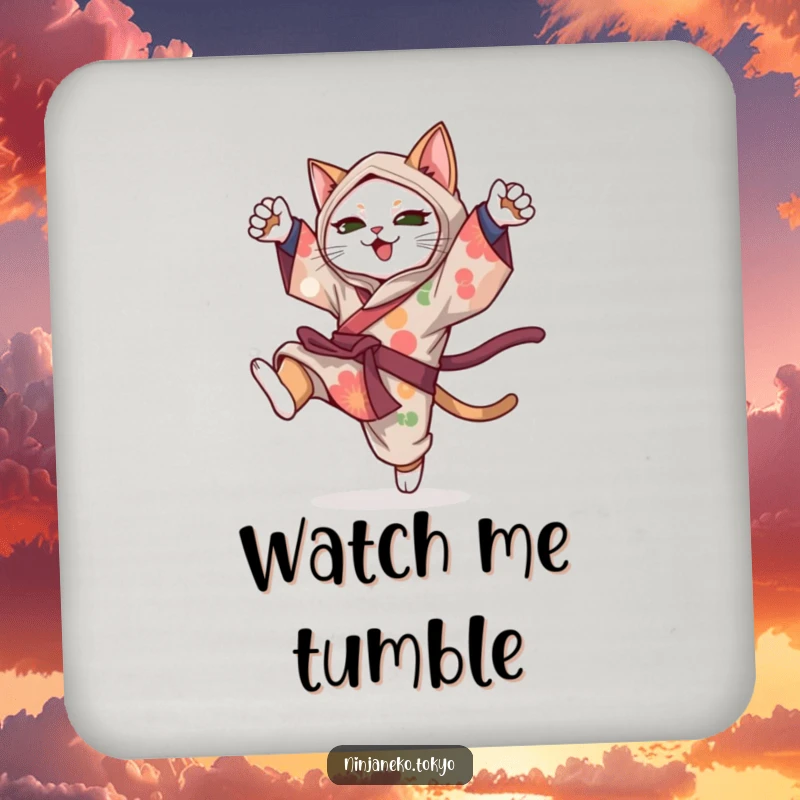 Funny ninja cat in a colorful kimono doing a playful somersault, adorning this humorous and protective drink coaster.