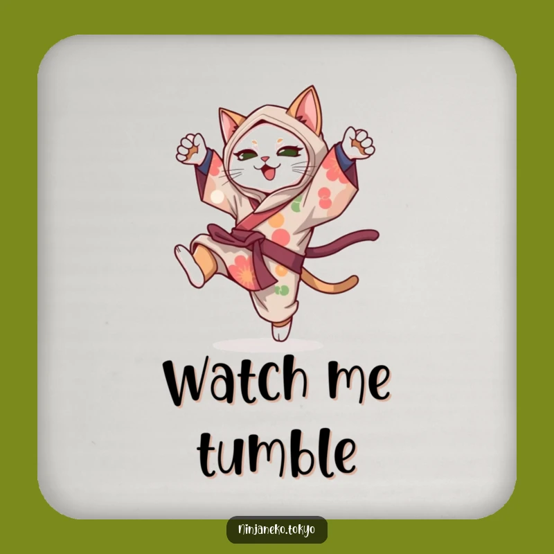 Funny Ninja Cat Kimono Acrobat Coaster Set: Hilarious Gift to Protect Surfaces with Style