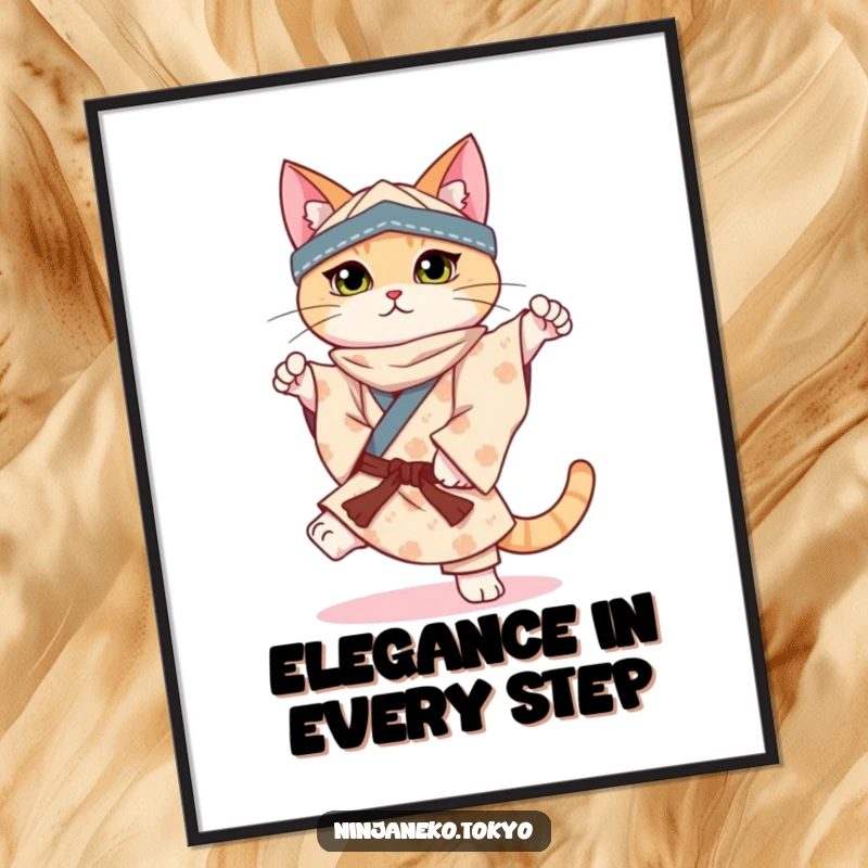 Funny poster of a ninja cat in a patterned kimono perfectly balancing on one paw, showcasing impressive poise and humor.