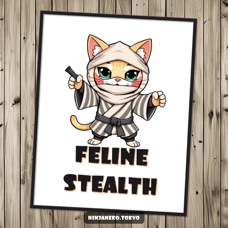 Funny Ninja Cat Poster: A determined cat in a striped kimono strikes a playful ninja pose, creating a bold and humorous wall display.