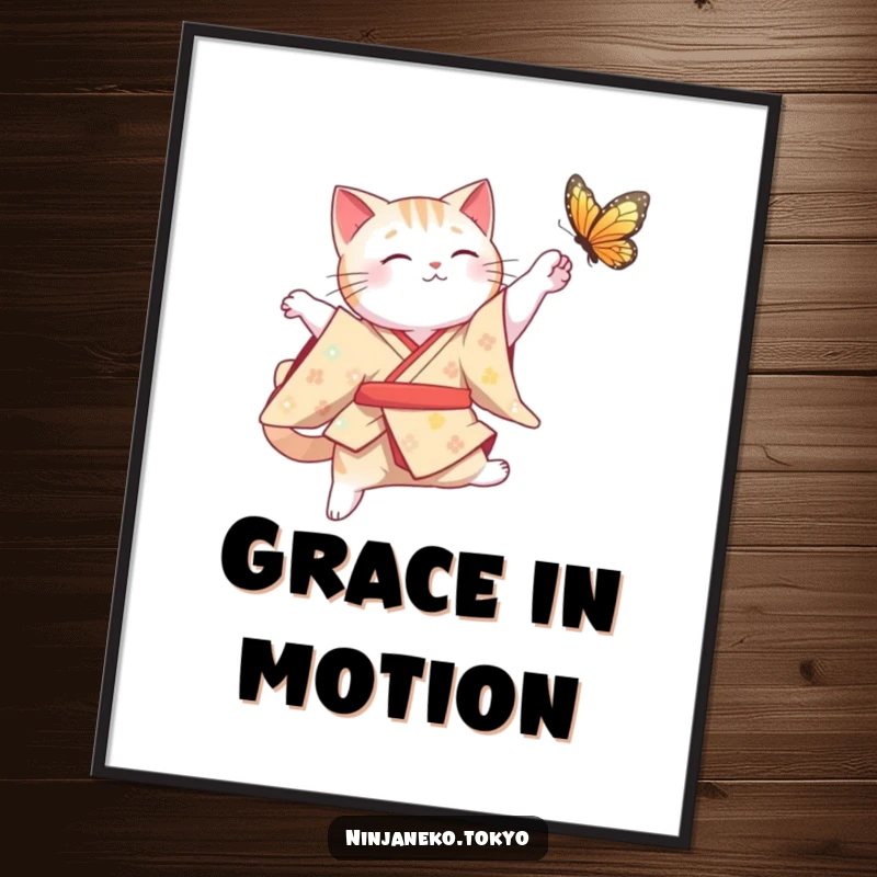 Funny Cat Poster: A graceful cat in a traditional kimono leaps mid-air to catch a butterfly, creating an elegant and humorous wall display.