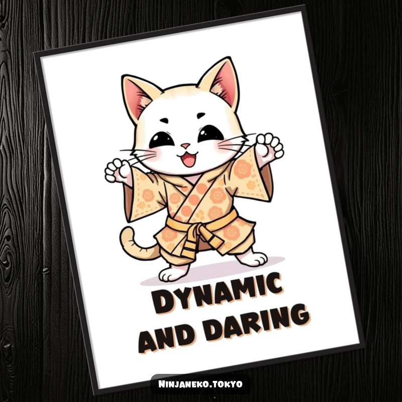 Funny happy cat in a brightly patterned kimono, enthusiastically practicing ninja kicks, displayed as dynamic wall art on this poster.