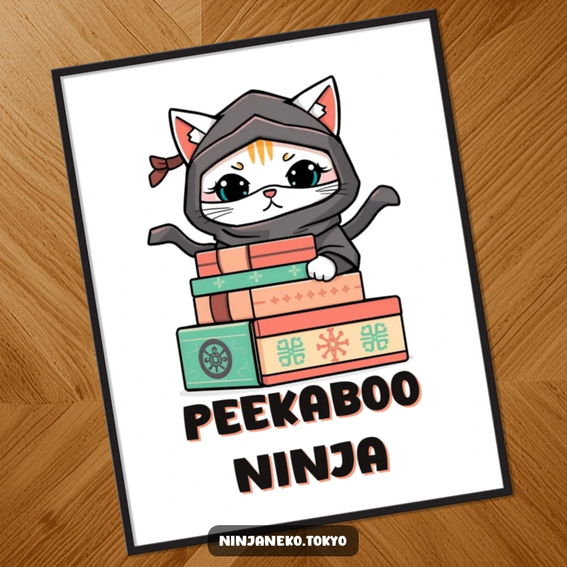 Funny poster of a mischievous ninja cat in a ninja outfit hiding behind decorative boxes, inviting viewers to discover the humor.