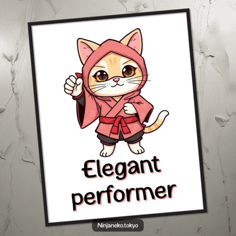 Funny ninja cat in a festive kimono striking a confident pose with one paw raised, conveying celebration on this poster.