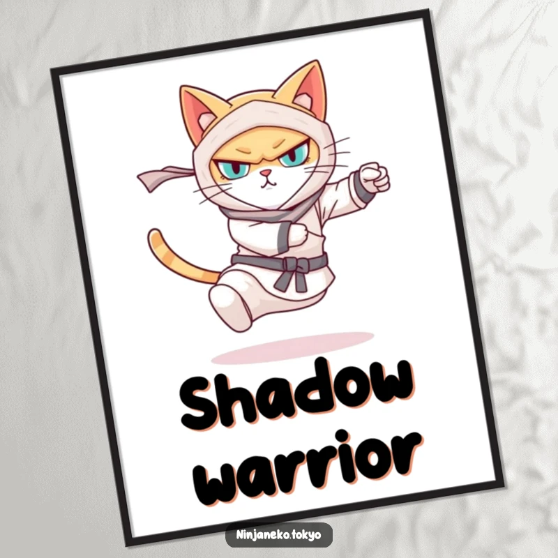 Funny poster of a ninja cat in mid-swift kick, displaying determination and martial arts prowess with a humorous touch. Great for wall decor.