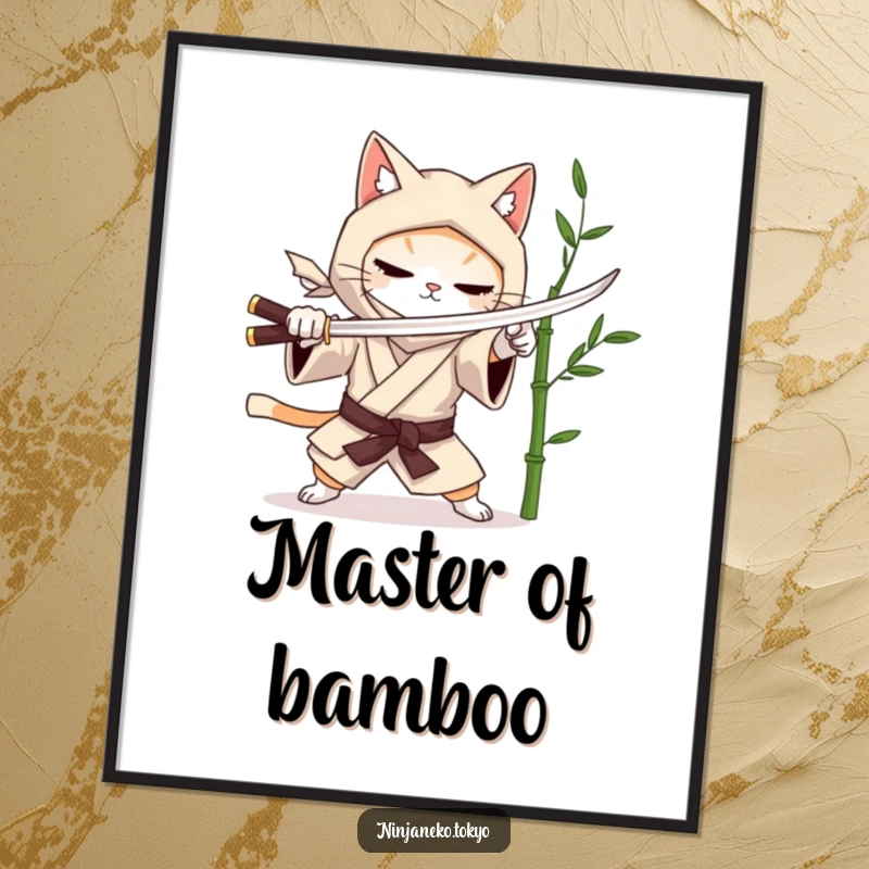 Funny poster of a ninja cat in a kimono practicing sword fighting with a bamboo stalk, showcasing artistic humor. Ideal funny gift.