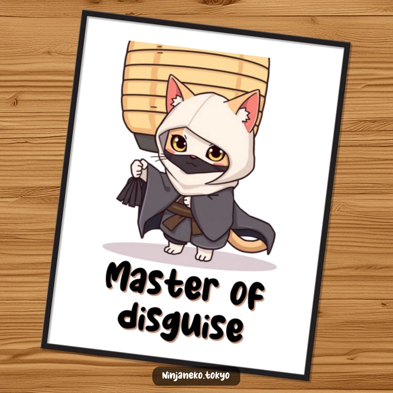 Funny ninja cat in a flowing kimono peeking from behind a large paper lantern, displayed as humorous wall art on this poster.