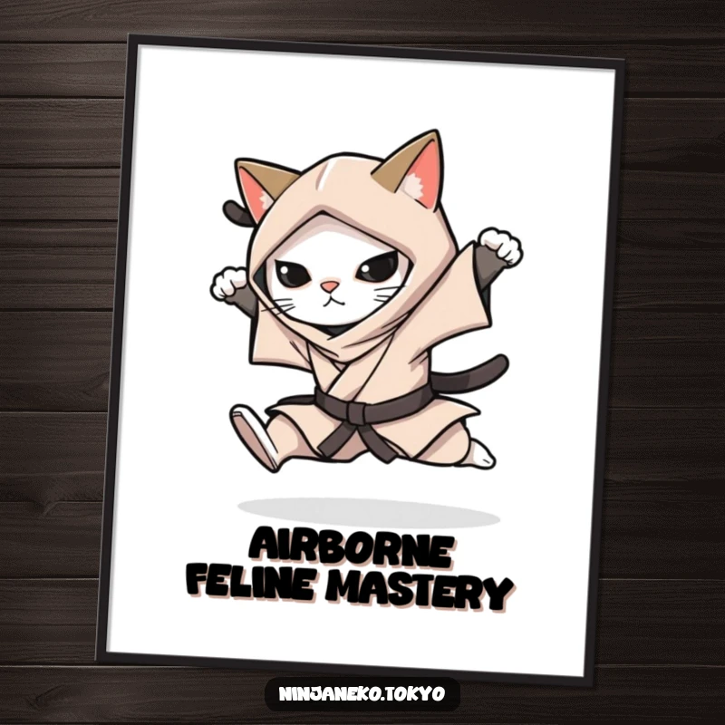 Funny poster of a ninja cat in a stealthy kimono performing an impressive silent leap, showcasing athletic prowess.