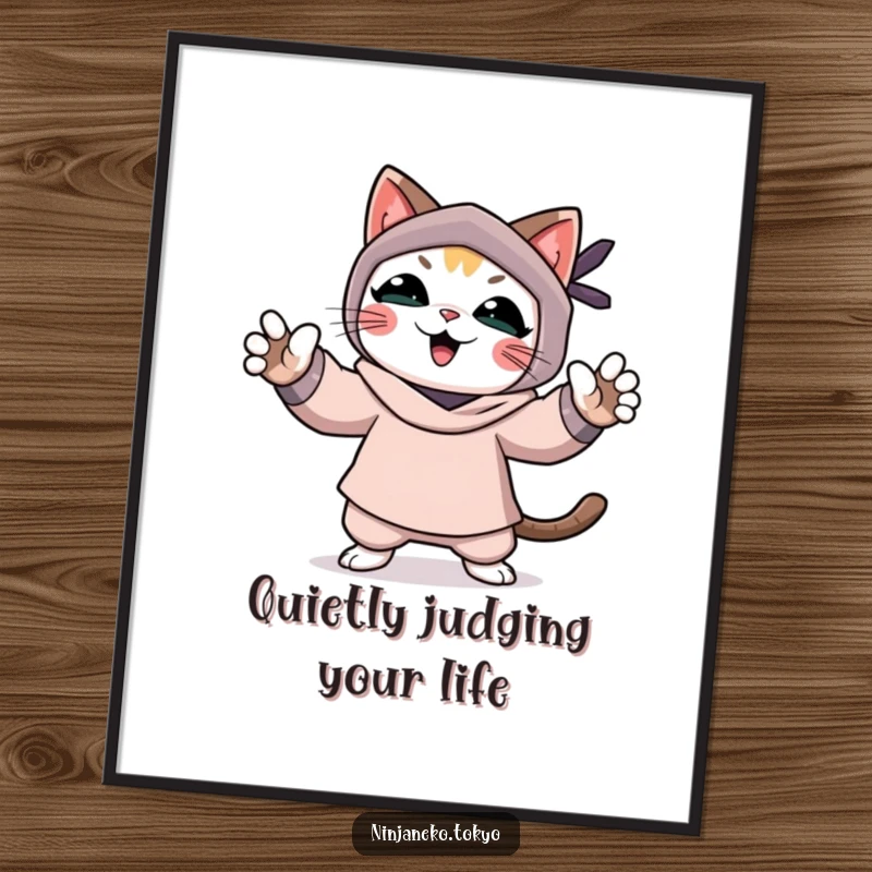 Funny poster of a triumphant ninja cat with arms raised in celebration, paws outstretched after a victorious pretend mission.