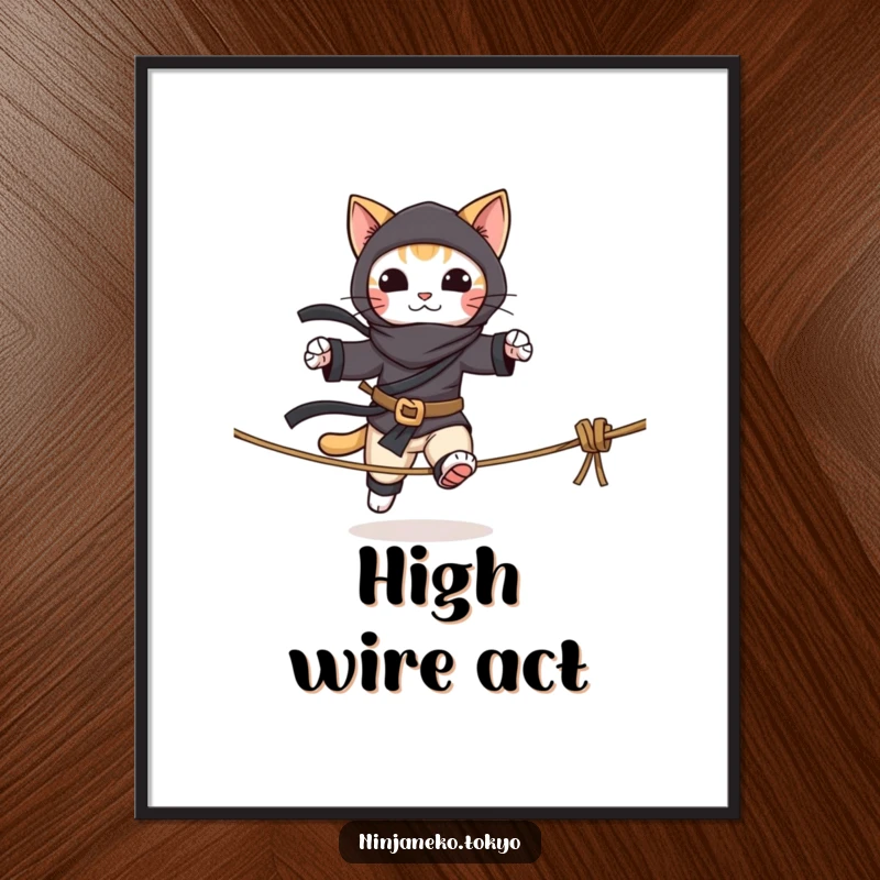 Funny poster of a ninja cat skillfully walking a rope tightrope, capturing a moment of intense focus and feline grace.