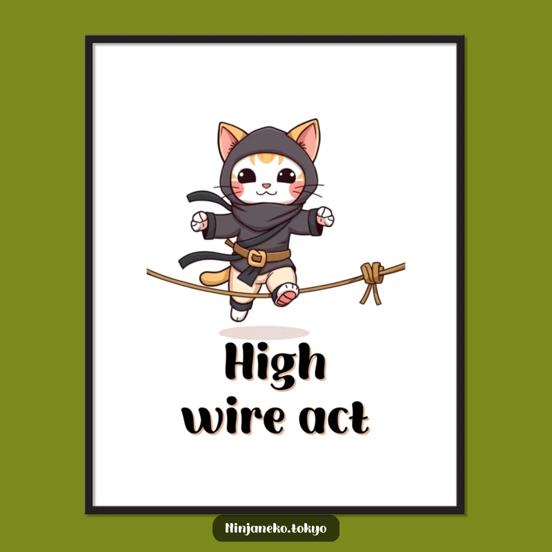 Funny Ninja Cat Tightrope Poster: Epic Wall Art for Cat and Ninja Fans